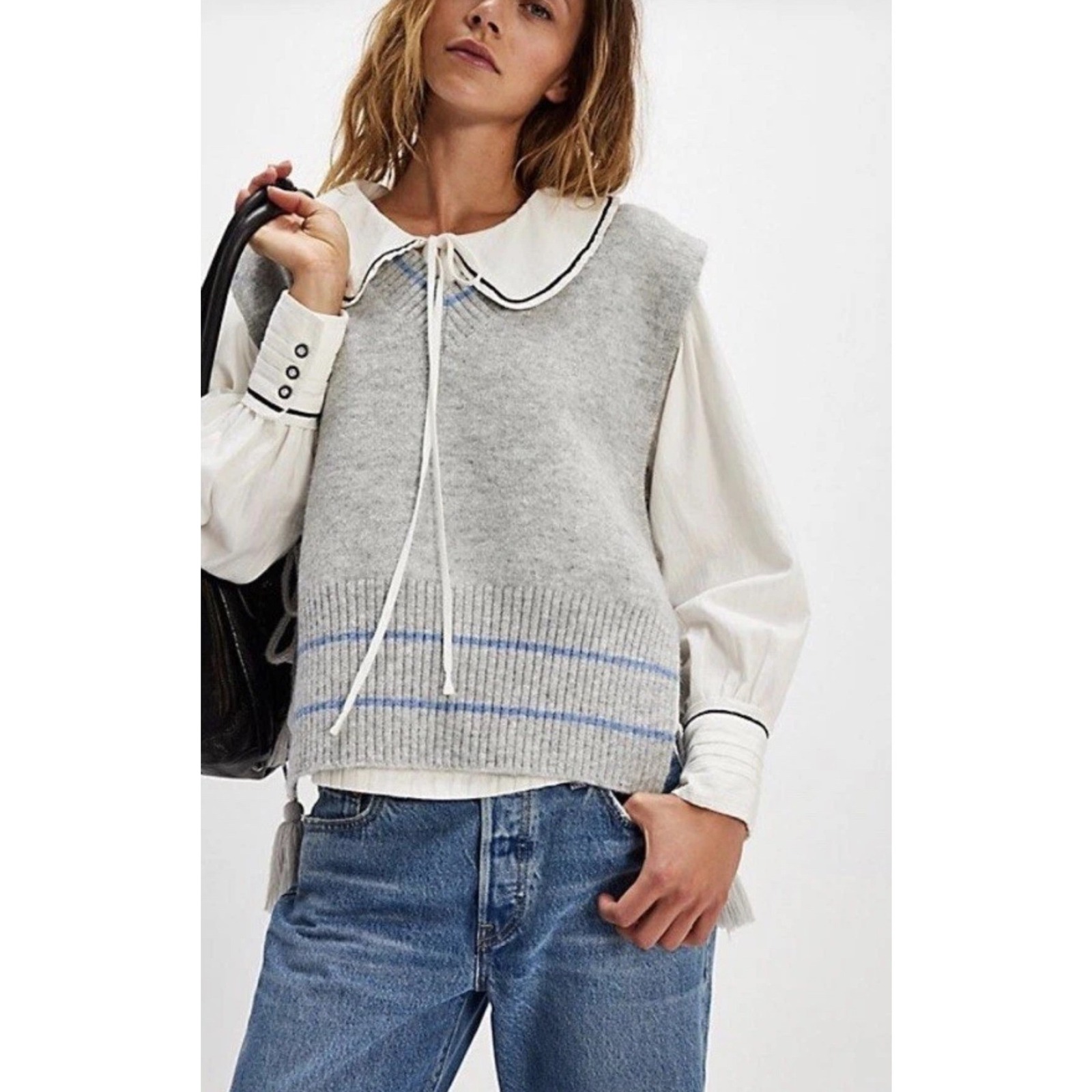 Free People Womens Gray Striped Poncho Preppy Sweater Vest Size Os Bohemian
